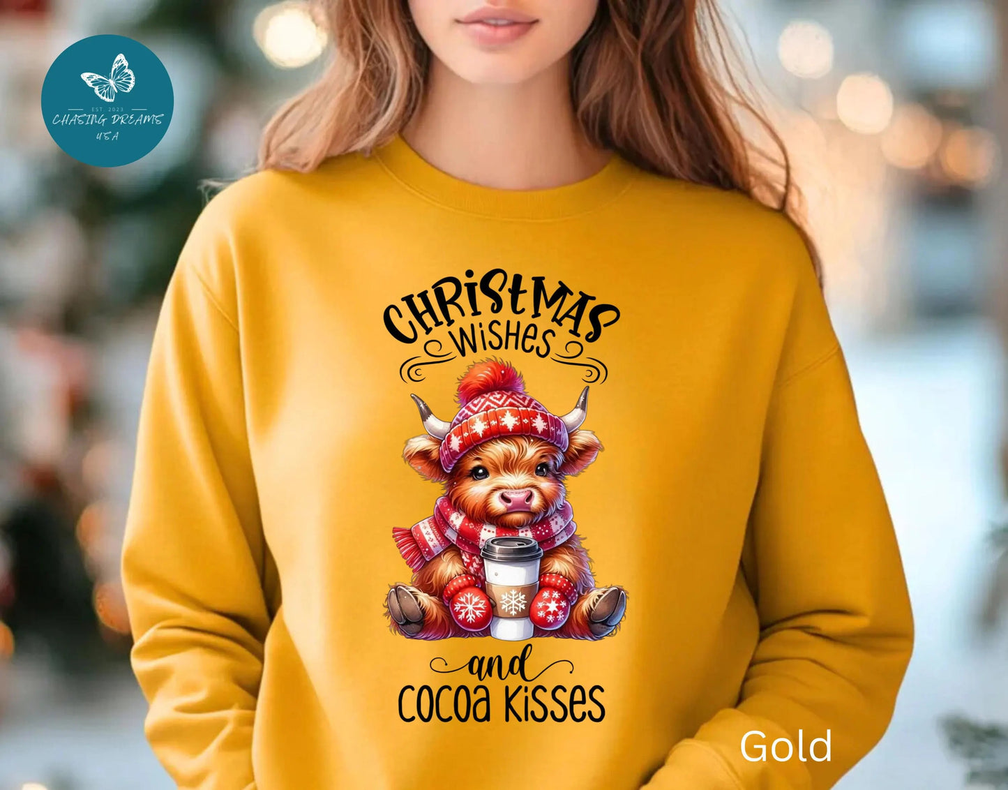 🎄☕🐮 Christmas Wishes and Cocoa Kisses Sweatshirt – Cozy Highland Cow Holiday Sweater ❄️❤️