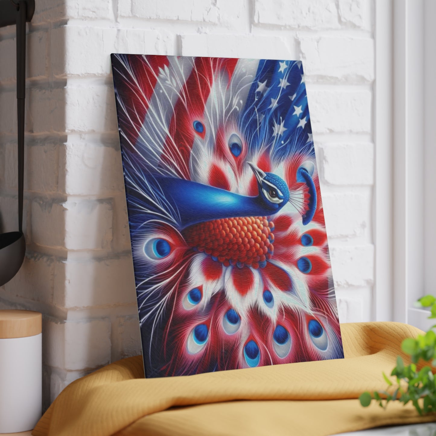 🦚 4th of July Patriotic Peacock Glass Cutting Board – Red, White & Beautiful!