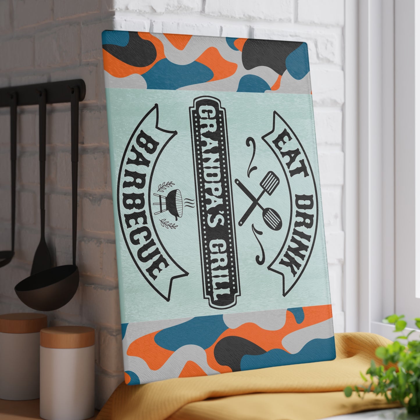 EAT DRINK GRANDPA’S GRILL BARBEQUE – Camo Glass Cutting Board for Backyard Kings 🧢🍔