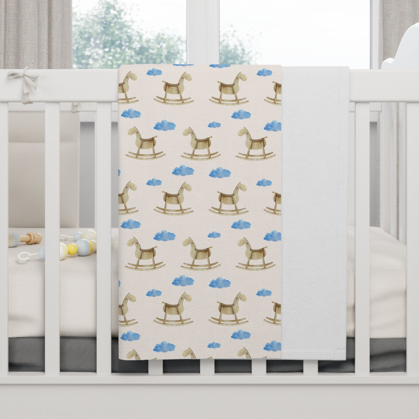 💙 Rocking Horse & Blue Clouds Velveteen Plush Blanket – Soft Cream (Baby)