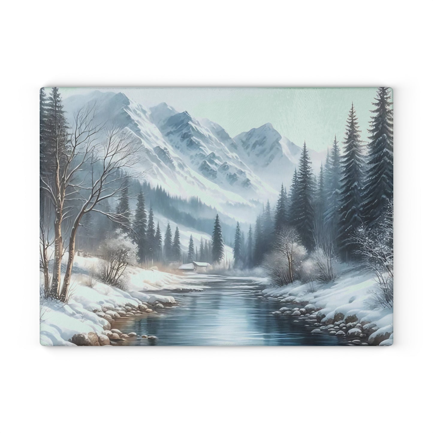 🏔️ Snowy Mountain River Cutting Board – Winter Tranquility for Your Kitchen ❄️