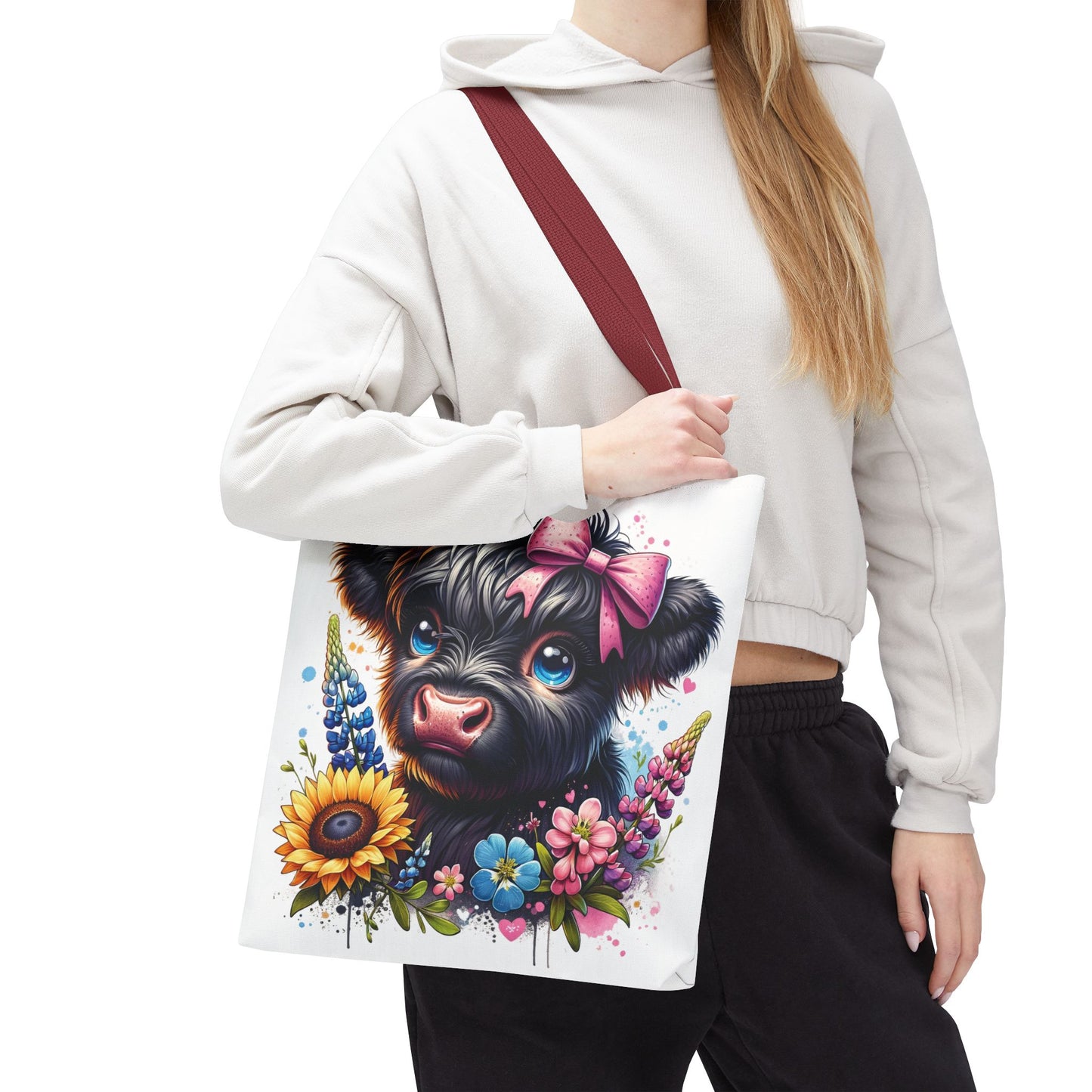🌸 Black Highland Calf Floral Tote Bag – Sweet Style for Every Age 🐮👜
