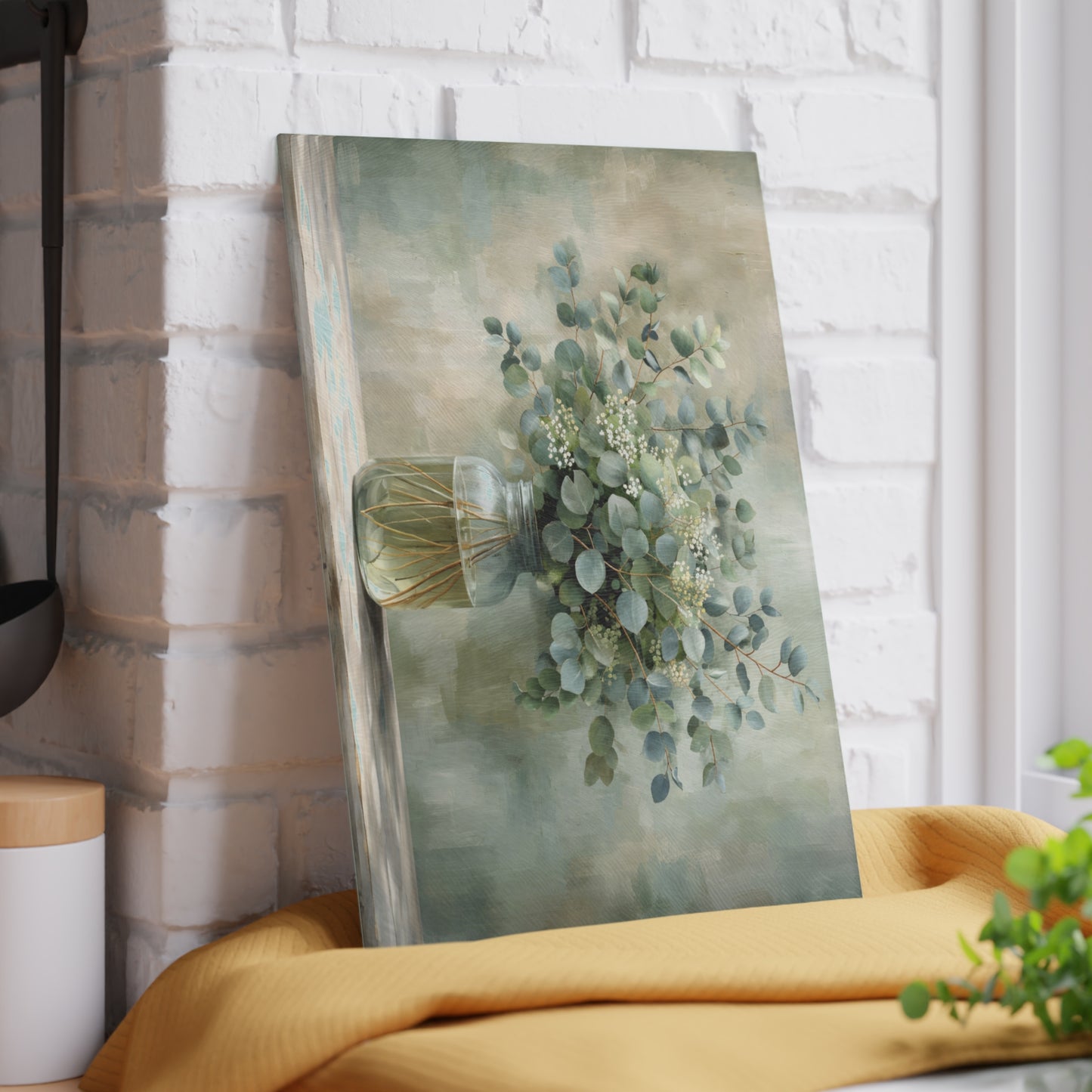Eucalyptus Mason Jar Glass Cutting Board – Farmhouse Botanical Kitchen Decor
