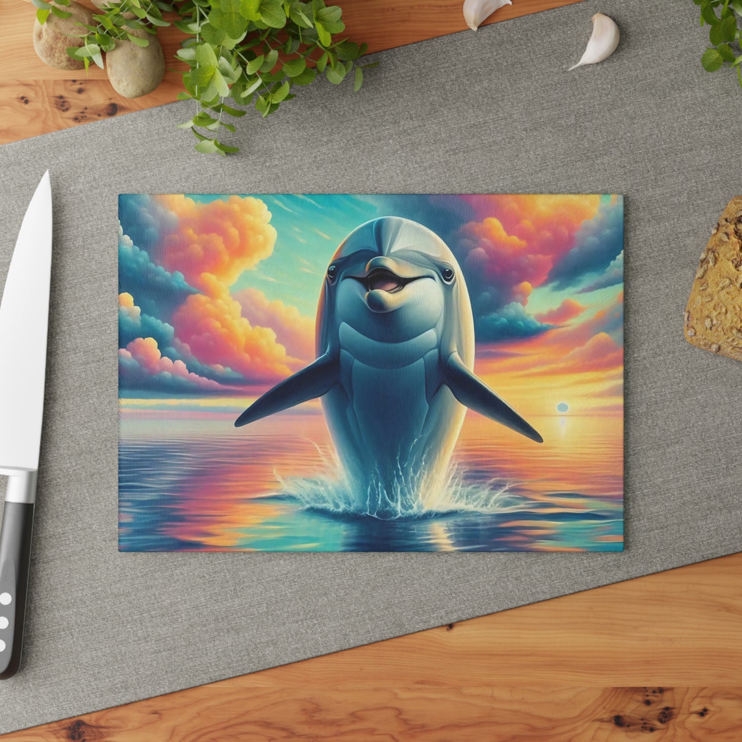 Happy Dolphin & Rainbow-Colored Clouds Glass Cutting Board – Whimsical Ocean Kitchen Art