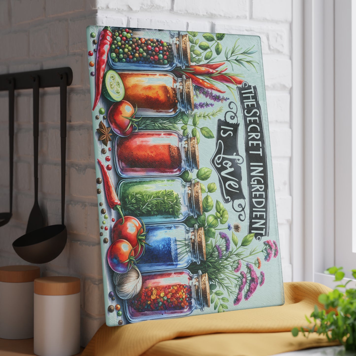 🌿 The Secret Ingredient Is Love Cutting Board – Colorful Herbs & Spices with Farmhouse Charm 🍅💚