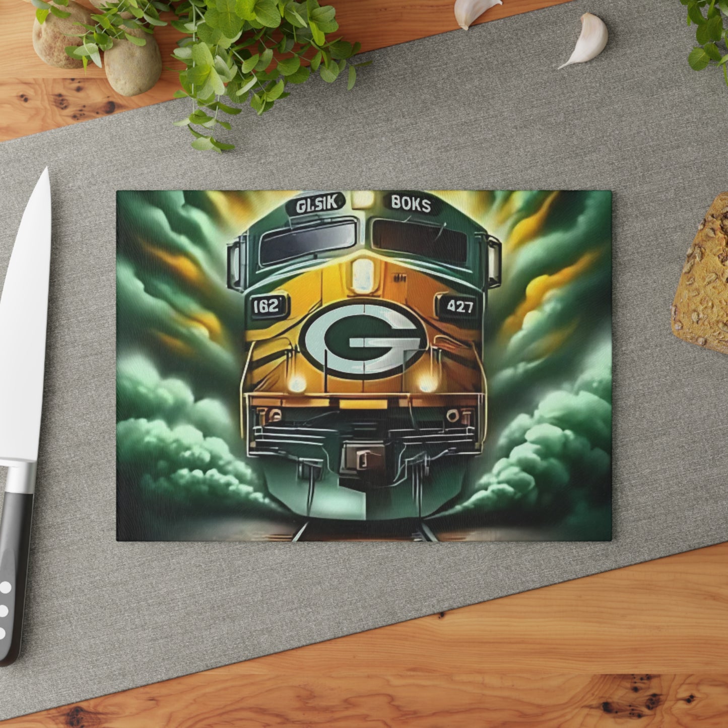 Tabla de cortar de vidrio verde y amarillo Express: exhibición vibrante de cocina de tren