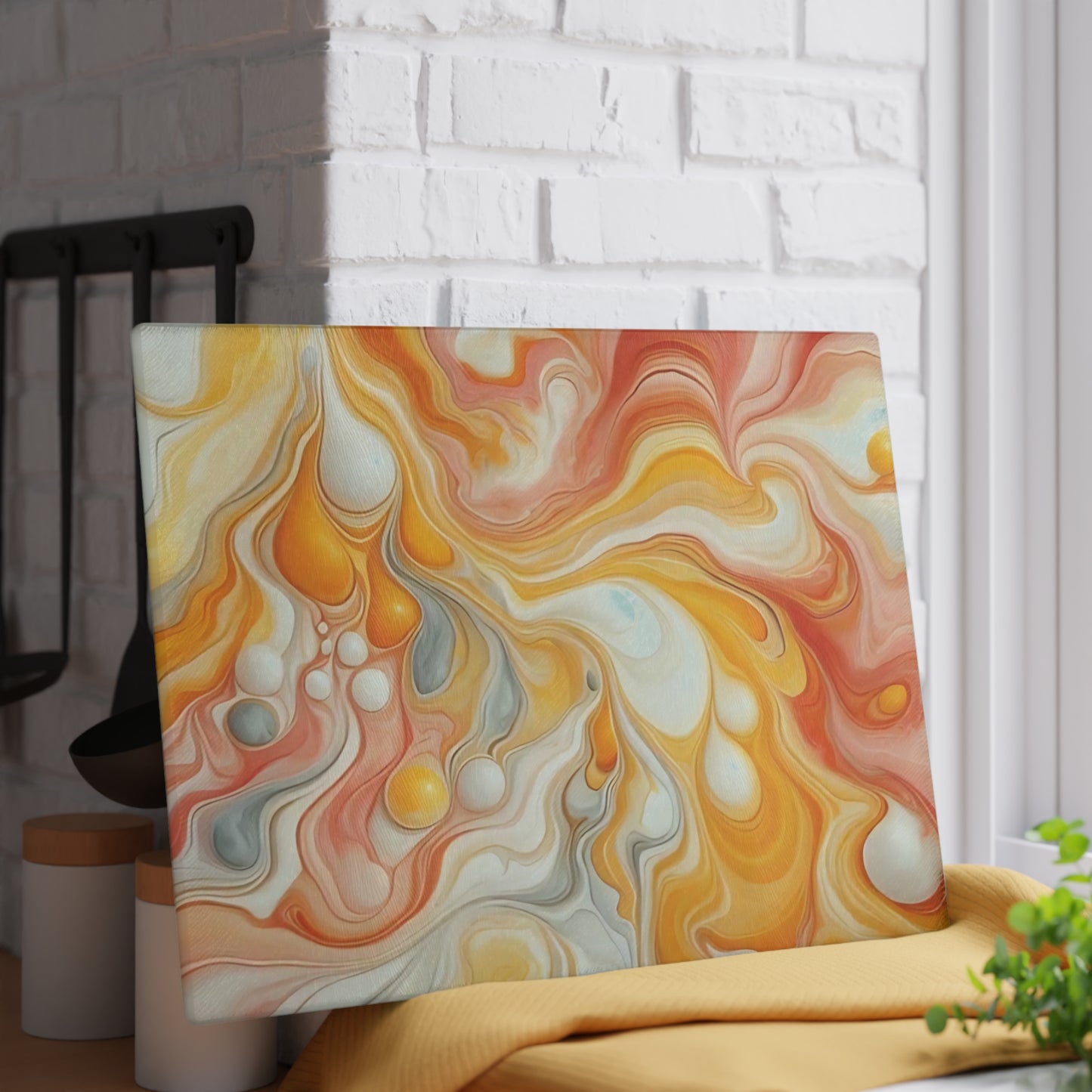 Tabla de cortar de vidrio templado con efecto mármol amarillo, gris y naranja: elegante decoración de cocina con aspecto de mármol, ideal para regalar y funcional.