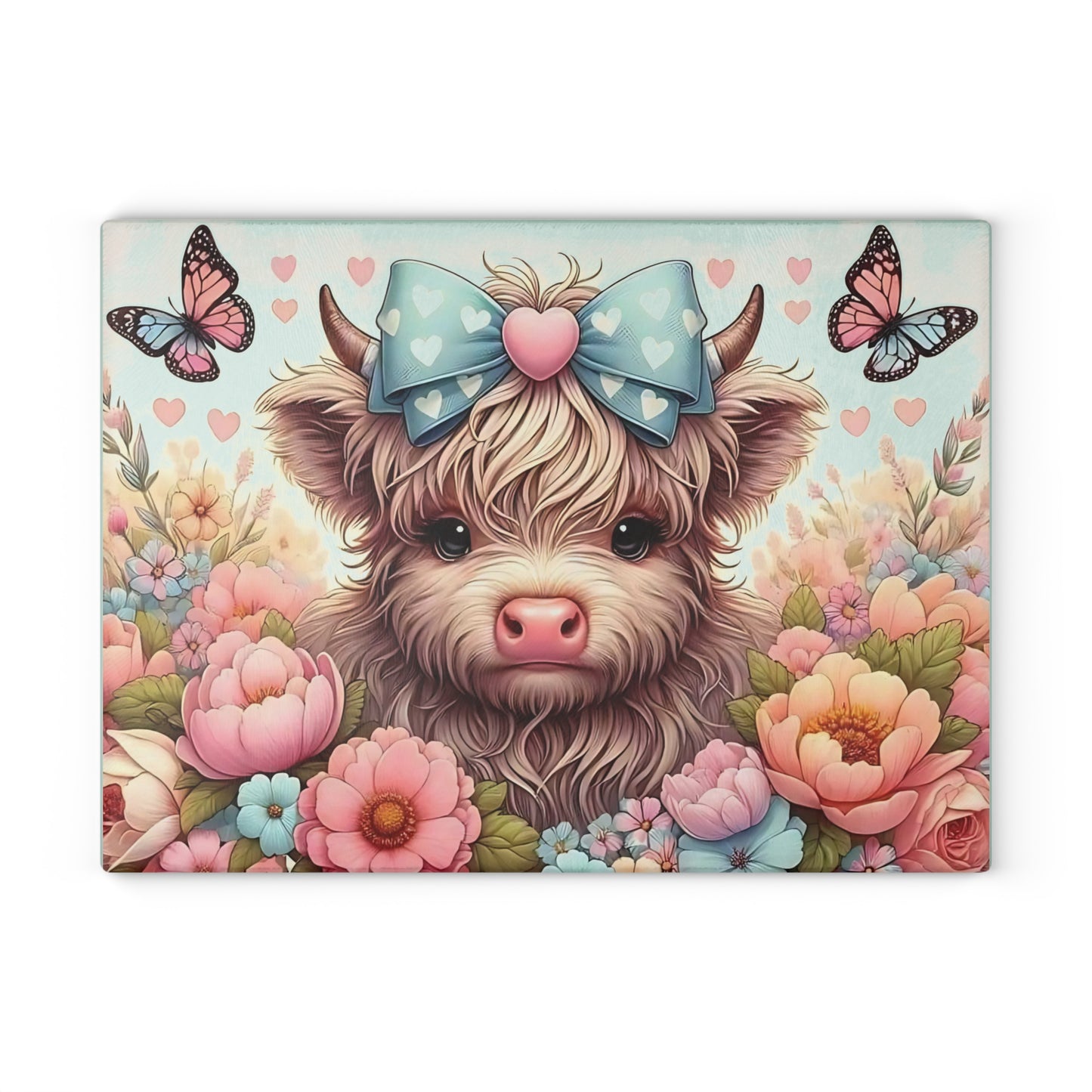 Tabla de cortar de vidrio con diseño de vaca de las Tierras Altas, lazo, flores y mariposas