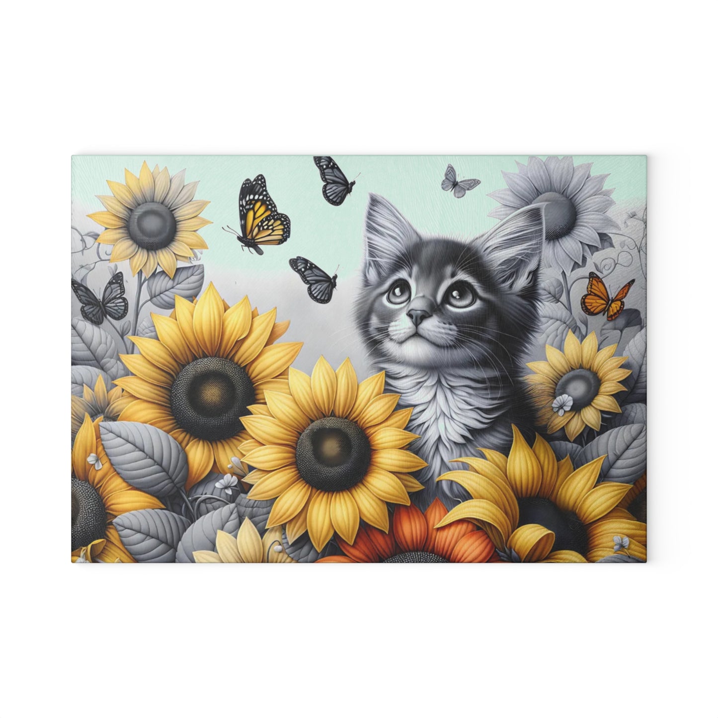 🐾🌻 Kitten & Sunflowers Cutting Board – Whimsical Rustic Farmhouse Charm with Butterflies ✨🐈🦋