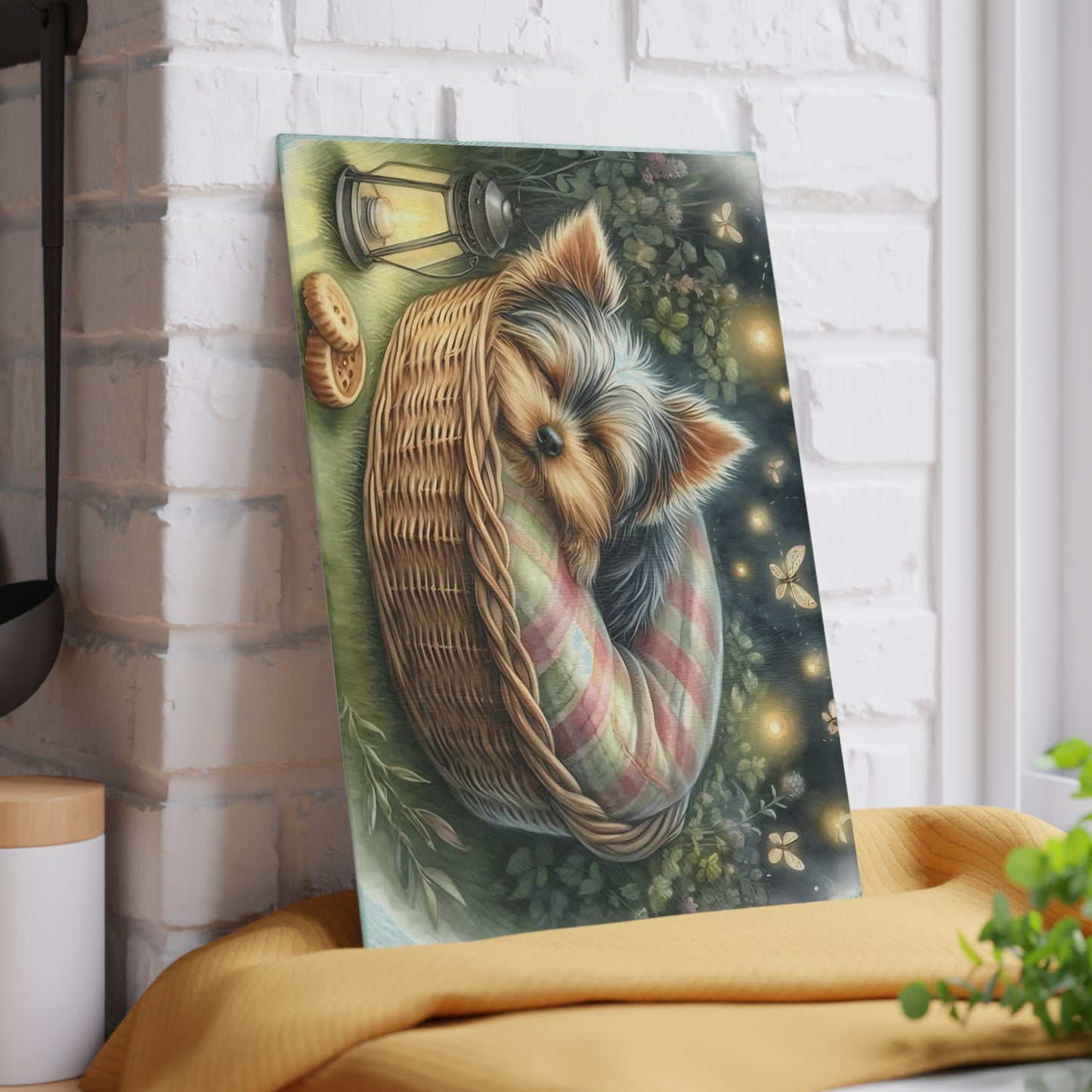 🐾✨ Sleeping Yorkie in Basket Cutting Board – Dreamy Garden Charm for Your Kitchen 🌙🕯️