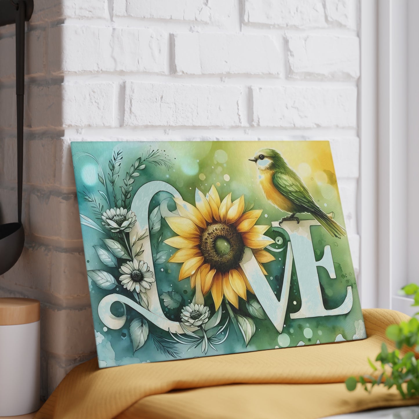 Tabla de cortar, diseño de amor con pájaros y girasoles, decoración de cocina, bandeja de vidrio para servir, regalo de inauguración de la casa, utensilio de cocina