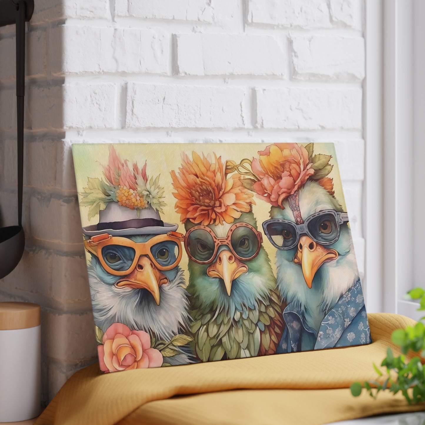🕶️🌸 Feathered Friends Fun – Whimsical Birds Glass Cutting Board with Style and Sass 🐦