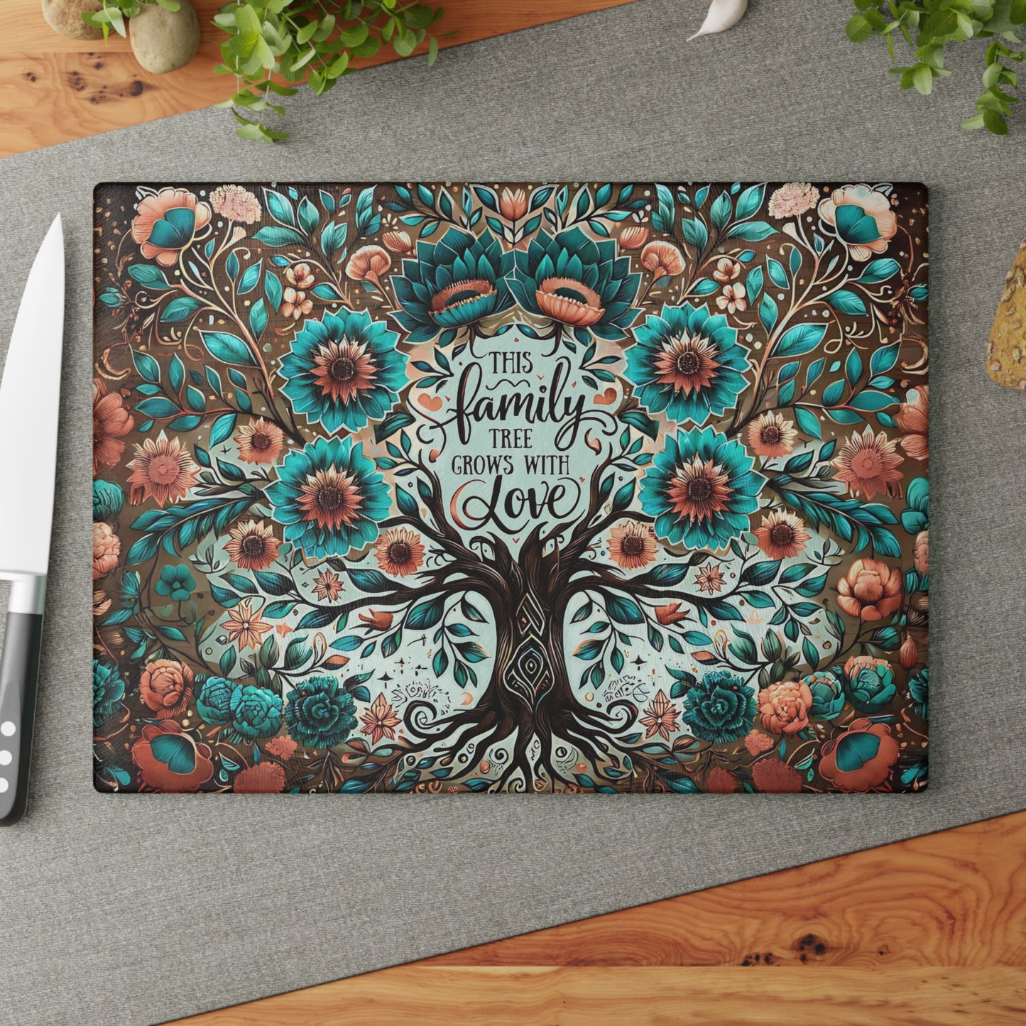 🌳💙 “This Family Tree Grows With Love” Floral Cutting Board – Farmhouse Rustic Kitchen Décor 🌸✨