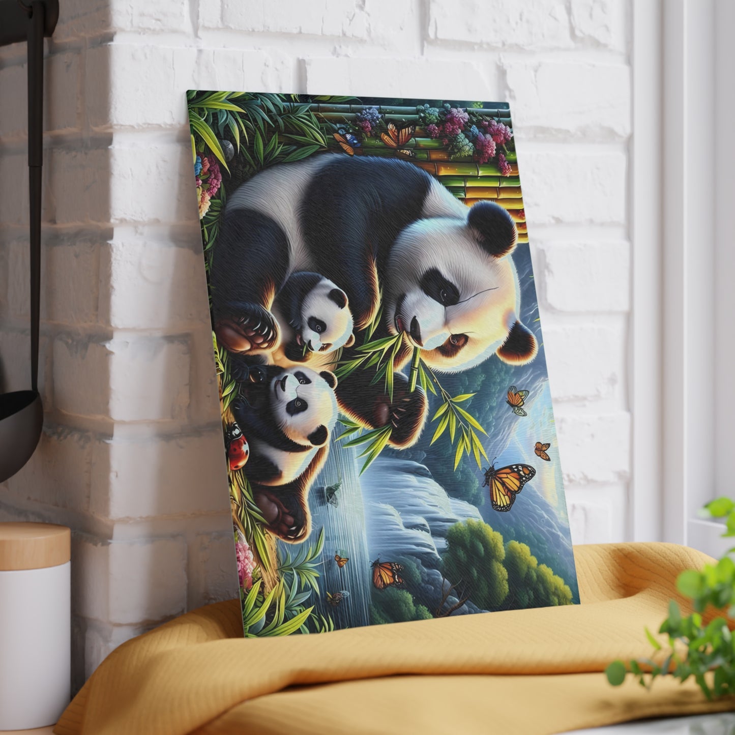Tabla de cortar con cascada y familia de pandas: una escena natural y caprichosa para tu cocina