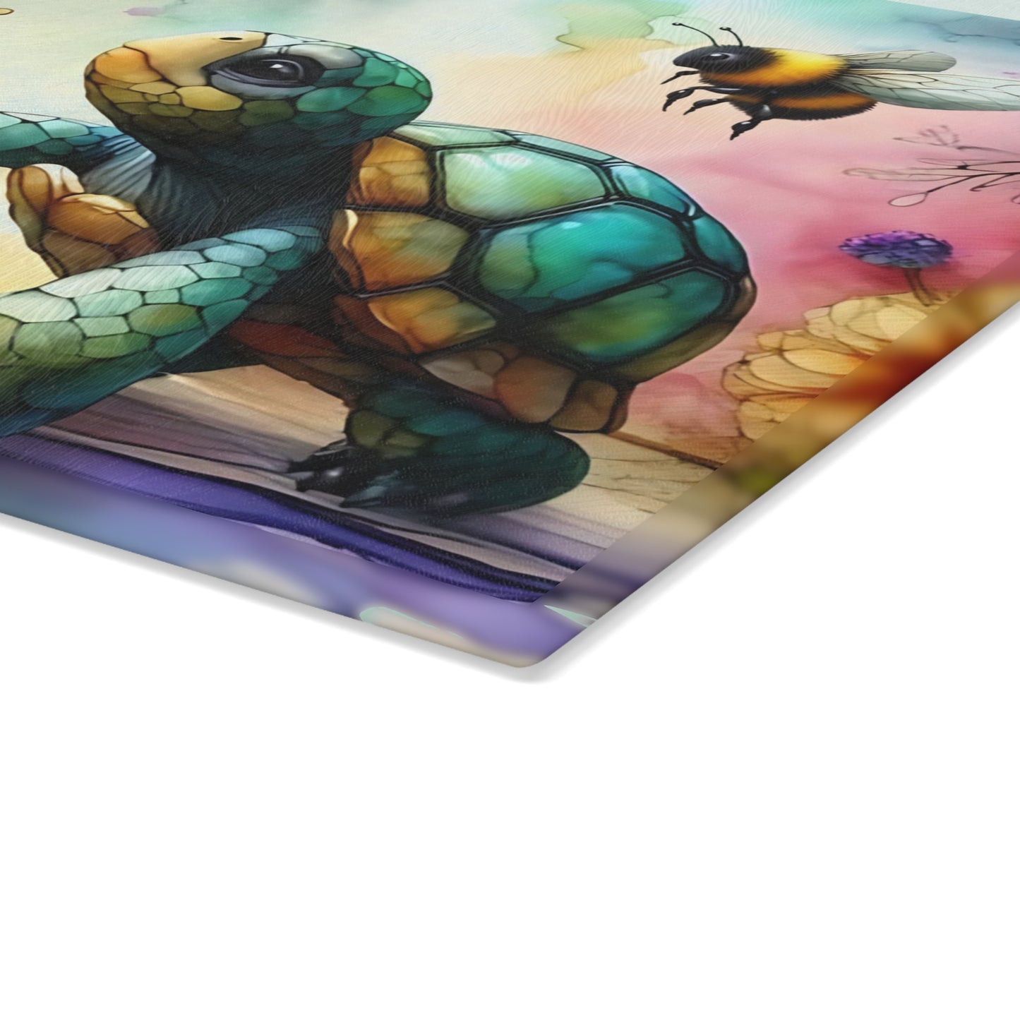 Tortoise & Bee Glass Cutting Board – Floral Wildlife Kitchen Decor