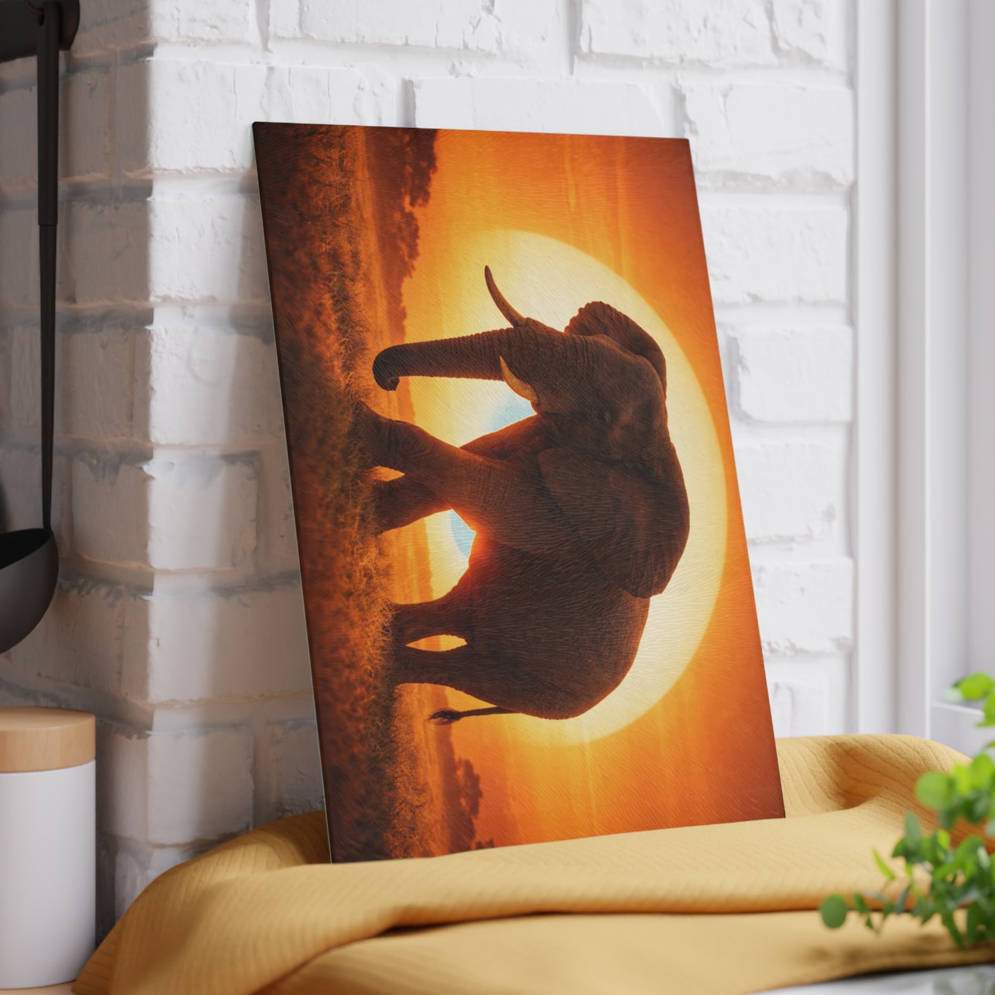 Golden Sunset Elephant Glass Cutting Board – Majestic Safari Wildlife Kitchen Art