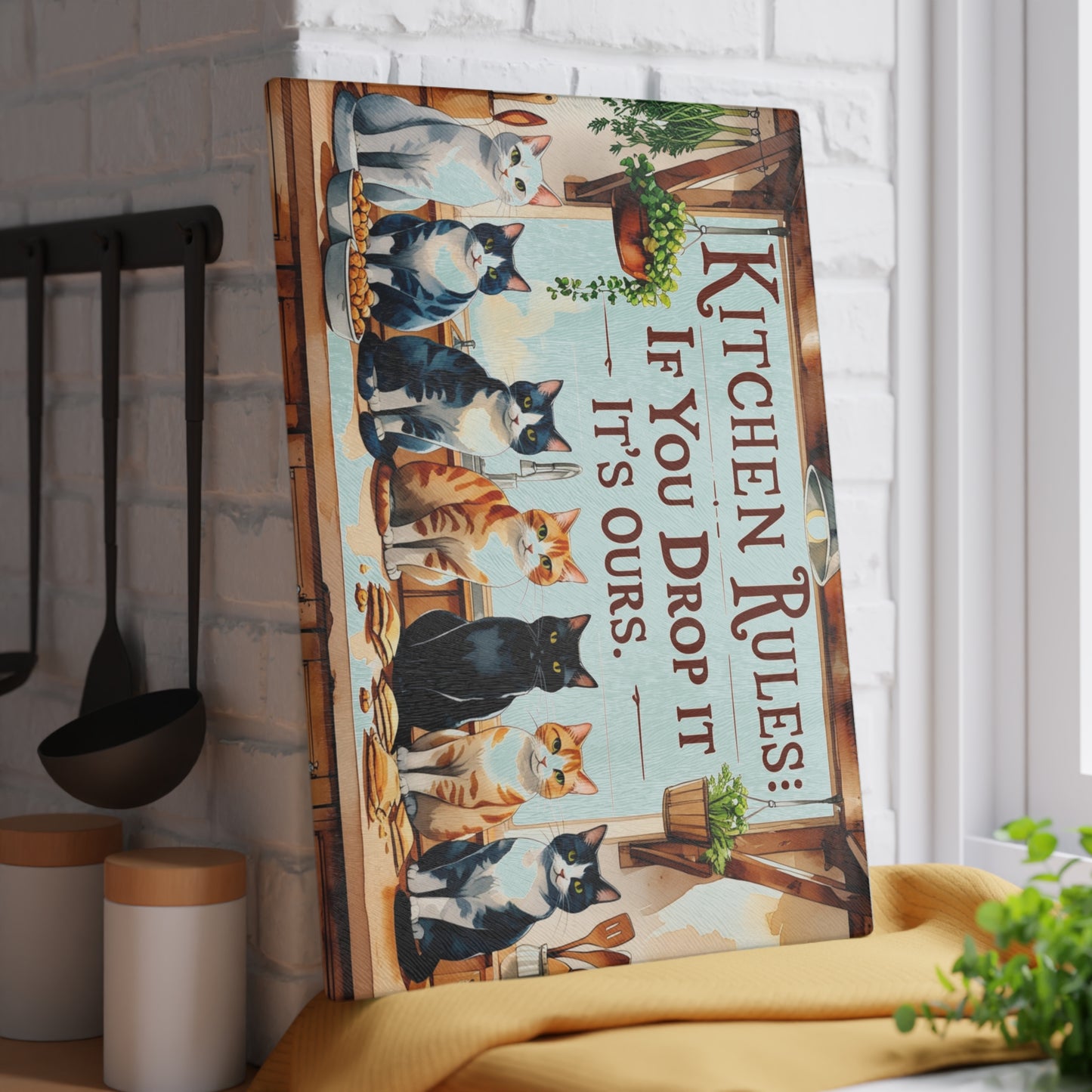 🐱🍴 Kitchen Rules Cat Cutting Board – “If You Drop It, It’s Ours” 🍴🐱