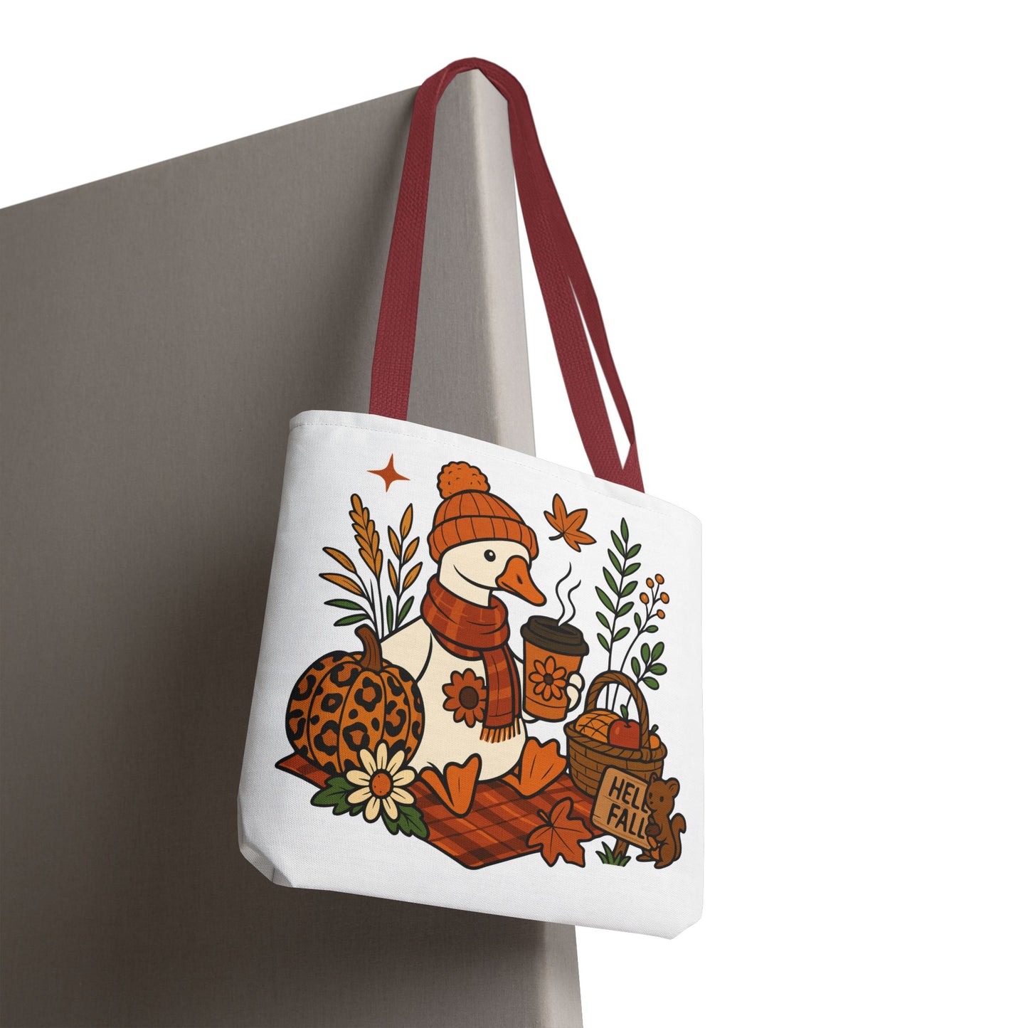 🧣 Hello Fall Cozy Duck Tote Bag – A Quirky Autumn Hug in a Bag 🍂🦆