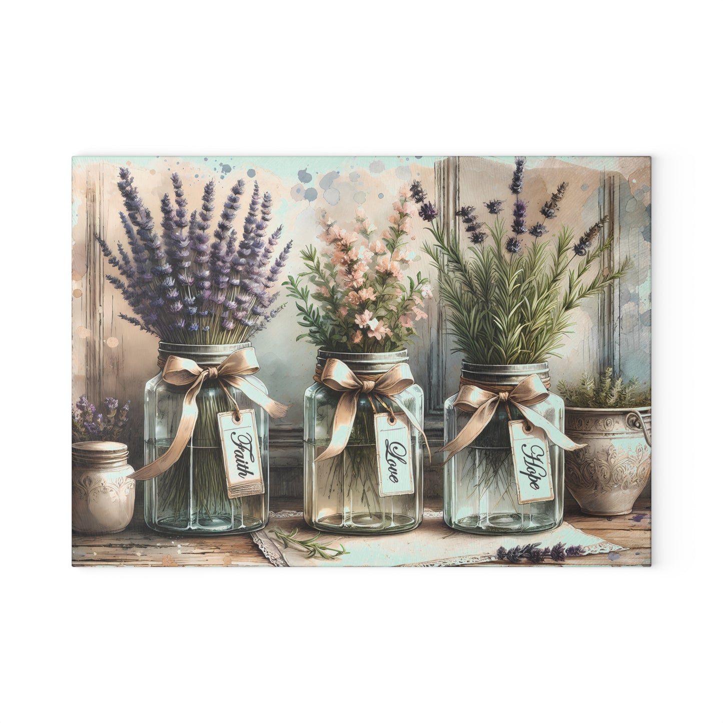 Tabla de cortar Fe, Amor y Esperanza: Dije rústico en tarro de cristal con inspiración floral
