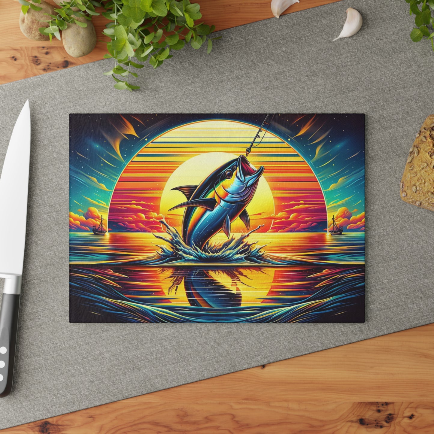 Vibrant Fishing Sunset Glass Cutting Board – Coastal Angler Kitchen Art