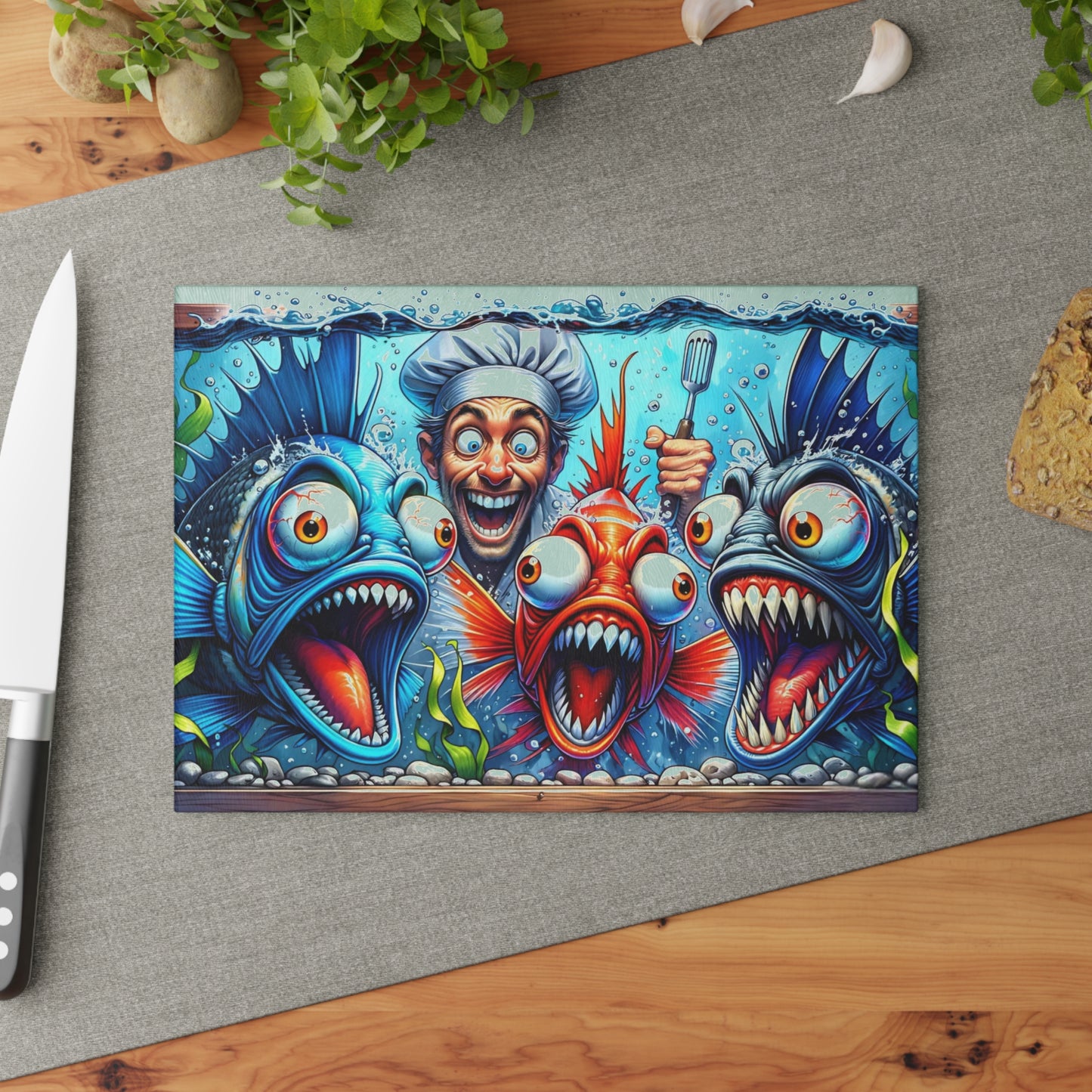 🐟👨🍳 “Kitchen Chaos: Fish & Chef” Glass Cutting Board – Cozy Charm for Your Kitchen