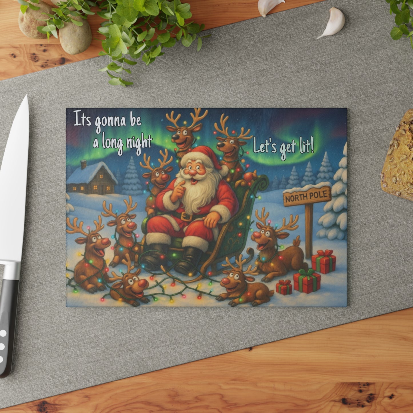 🎅✨ “Let’s Get Lit” Glass Cutting Board – Festive Cheer for Your Holiday Kitchen