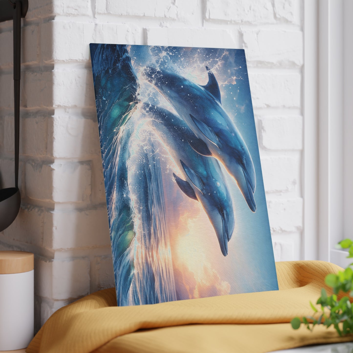 Dolphin Duo Glass Cutting Board – Ocean-Inspired Artwork of Two Playful Dolphins