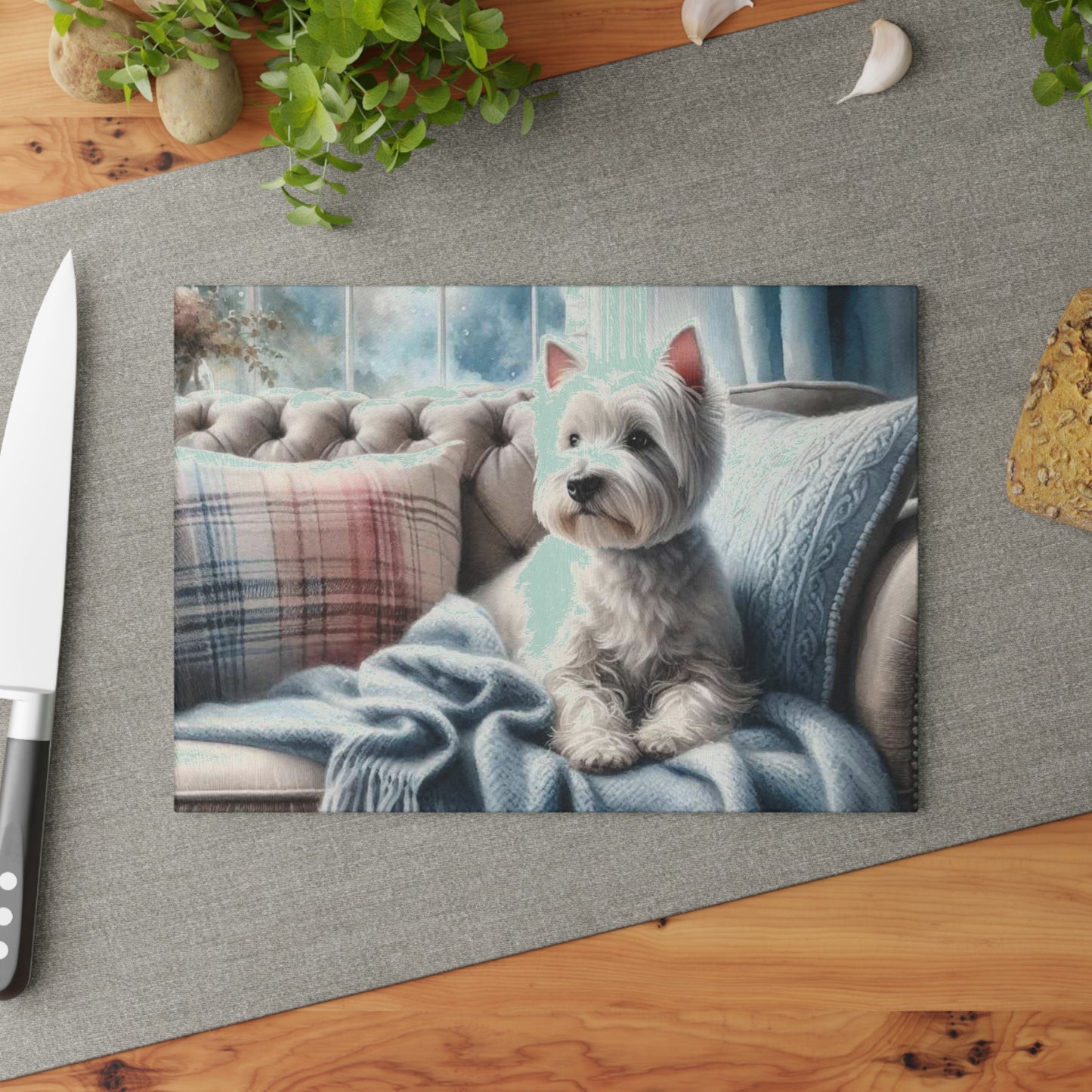 🐾 Westie in Blue Window Nook Cutting Board – Cozy Charm for Dog Lovers 🪟