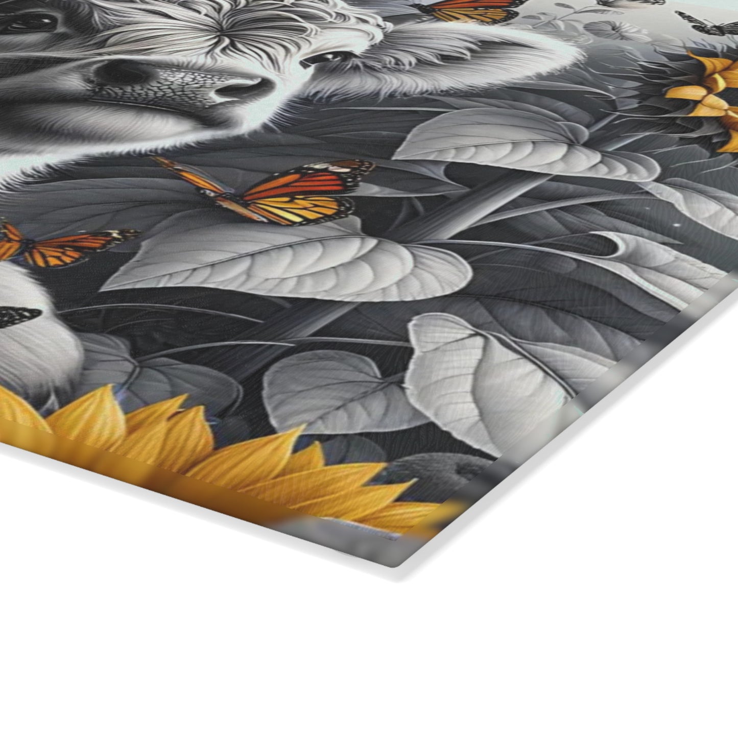 🐮 Black & White Calf with Sunflowers & Butterflies Cutting Board – Rustic Farmhouse Beauty in Glass