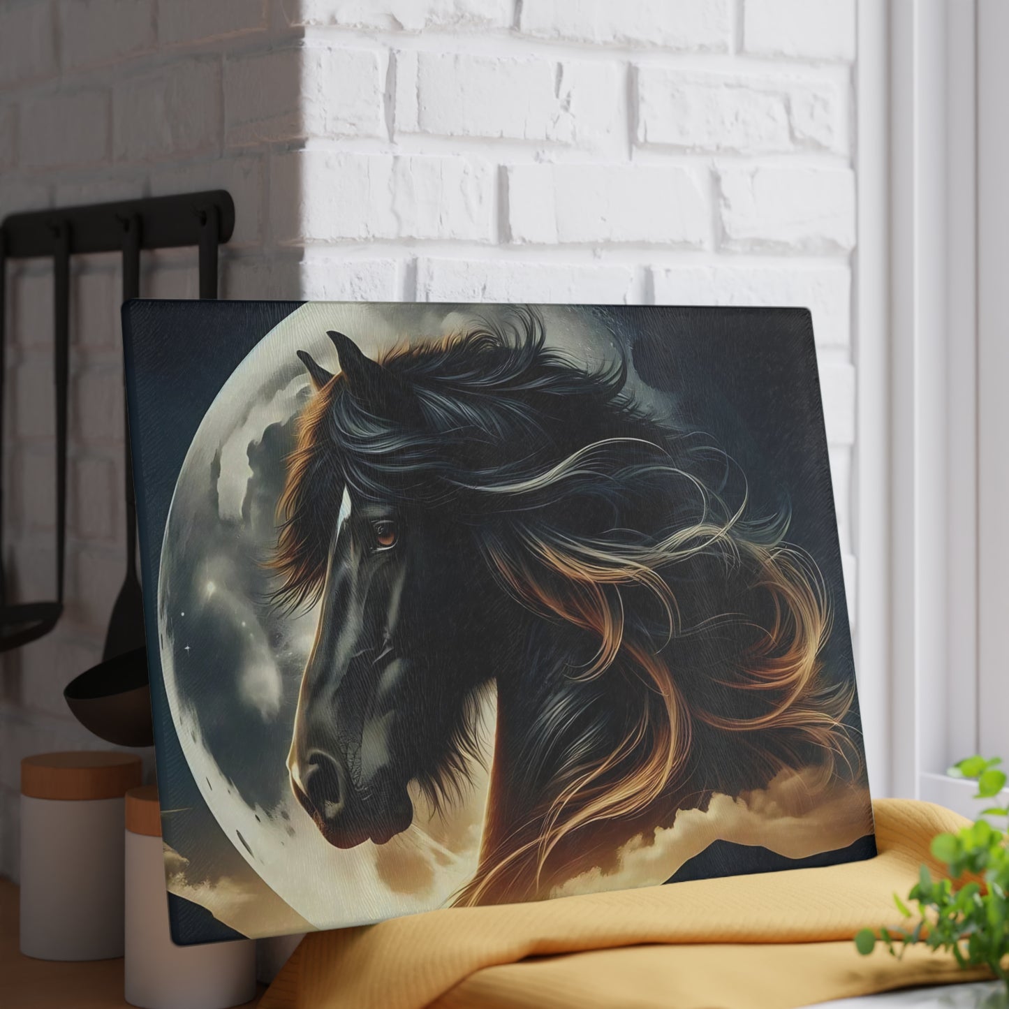 🖤 Majestic Horse Moonlight Cutting Board – Striking Black Stallion Kitchen Art