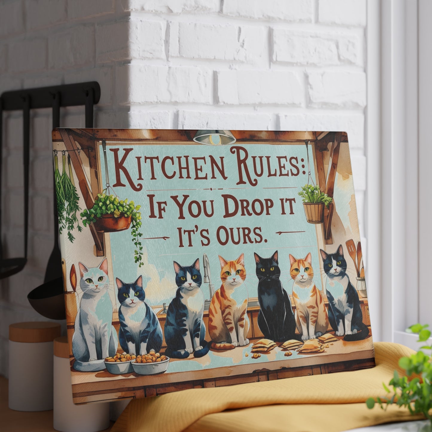 🐱🍴 Kitchen Rules Cat Cutting Board – “If You Drop It, It’s Ours” 🍴🐱