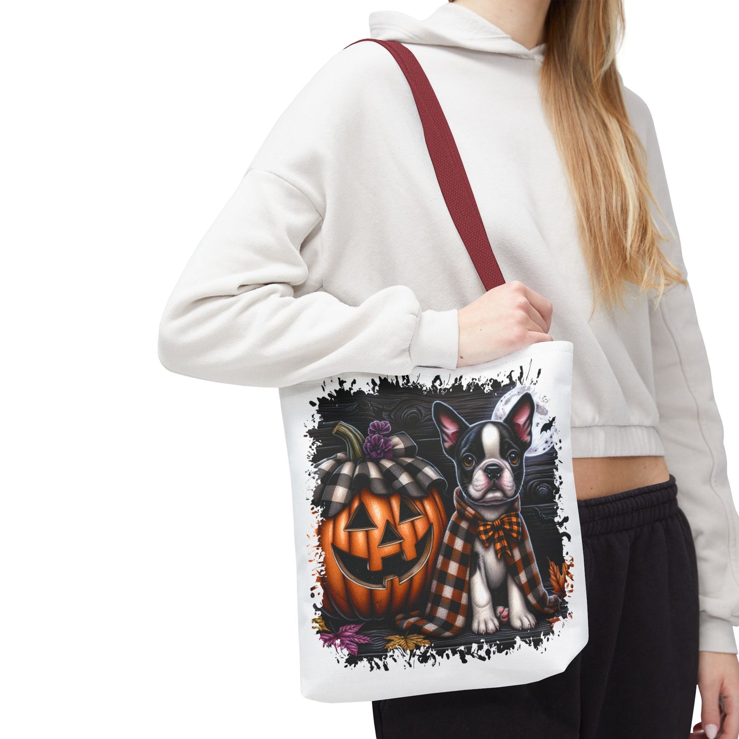 🎃 Boston Terrier Halloween Tote Bag – Spooky Cute with Plaid Style 🐾🖤👜