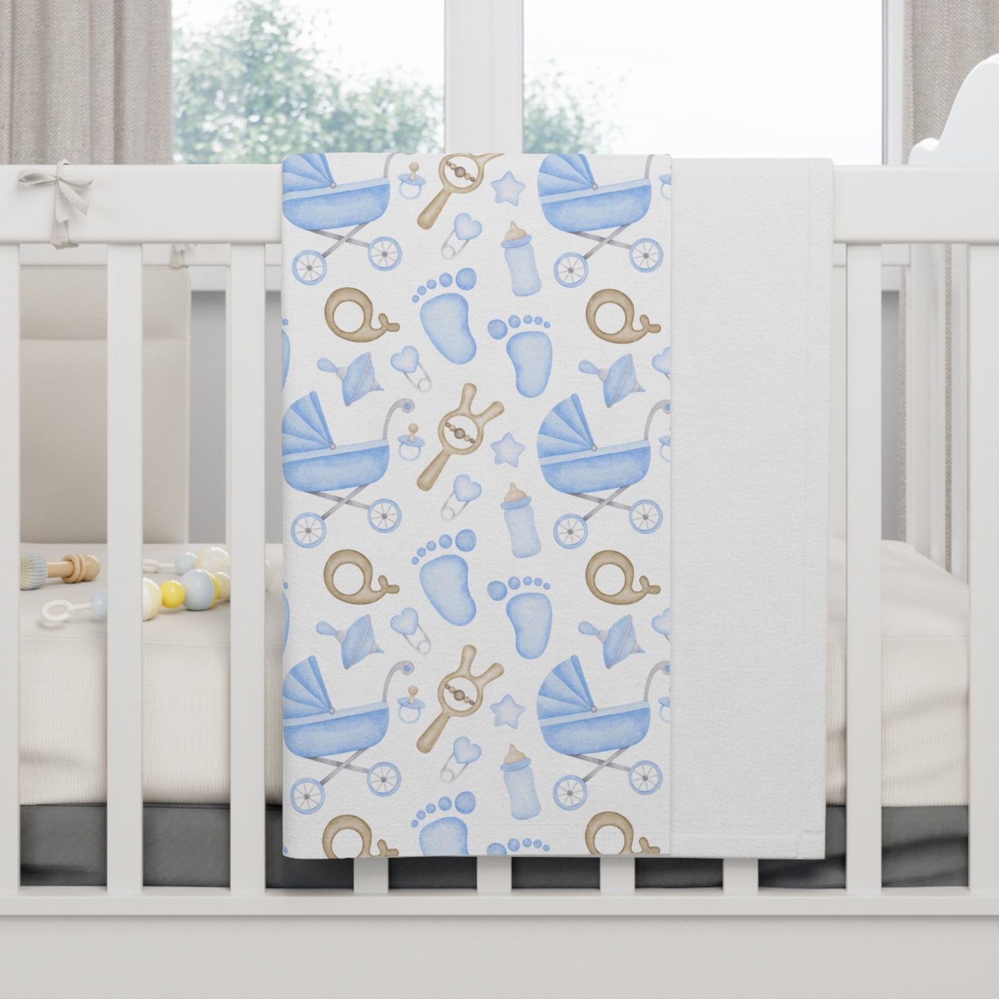 👶💙 Baby Icons Velveteen Plush Blanket – Blue on White