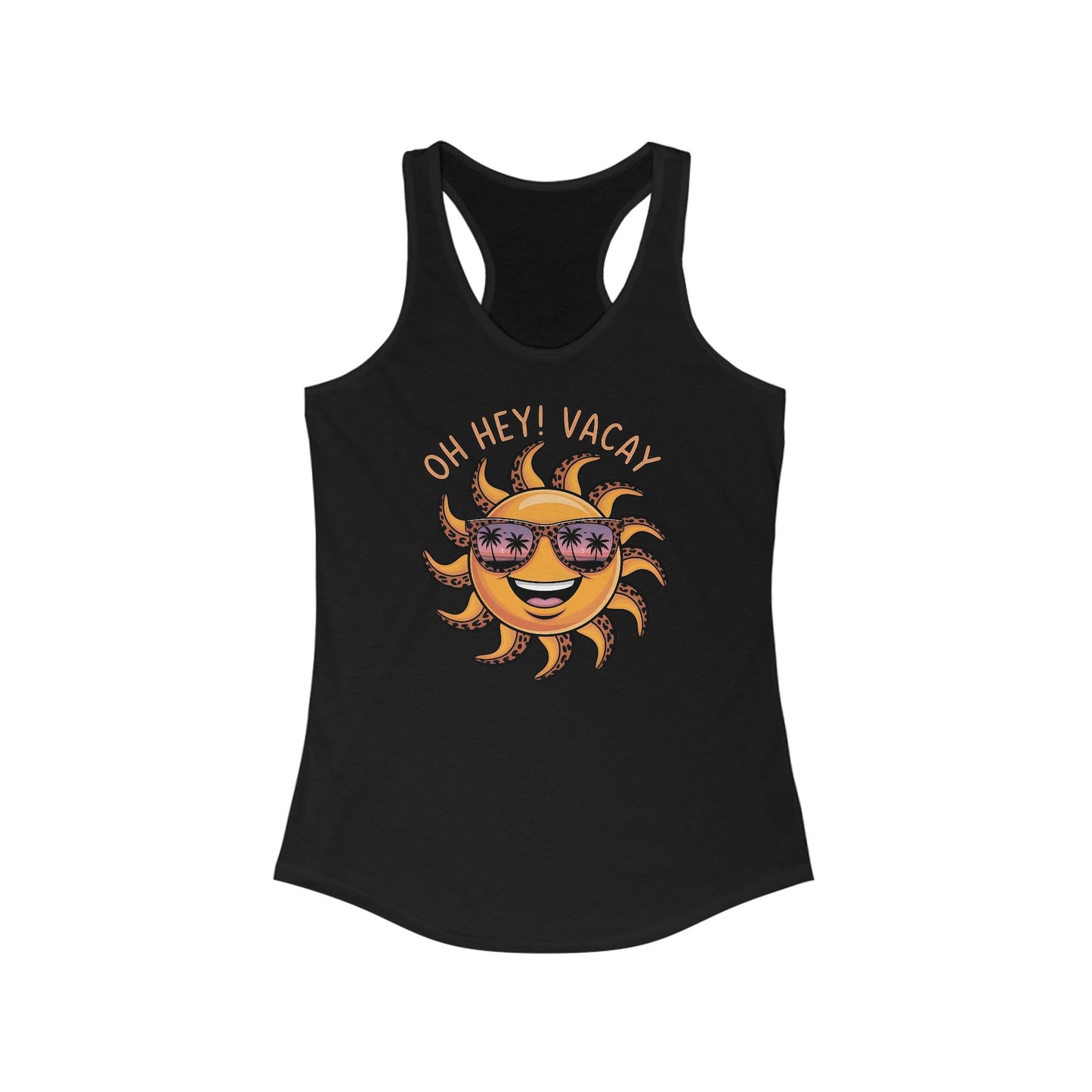 ☀️ ¡Hola! Camiseta de tirantes Vacay con espalda nadadora – Sol sonriente con gafas de sol | Camiseta de tirantes estampada de verano para mujer
