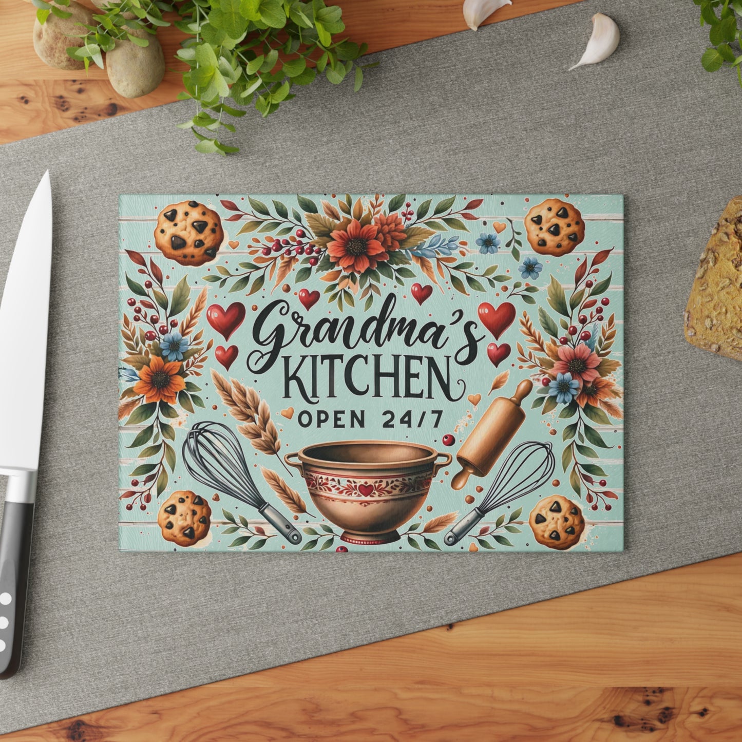 🍪❤️ Grandma’s Kitchen Cutting Board – Whimsical Farmhouse Charm with Cookies & Flowers 🌻🥣