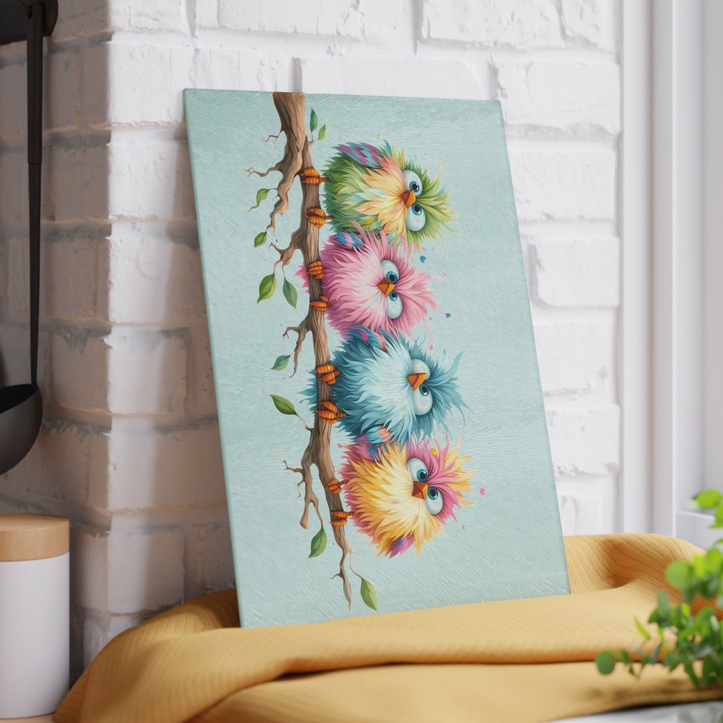 Tabla de cortar - Diseño pastel de pájaros esponjosos - Rosa rosa única en un campo de margaritas, Regalo único, Tabla de cortar de vidrio, Tabla de charcutería, Tabla de cortar personalizada, Flores