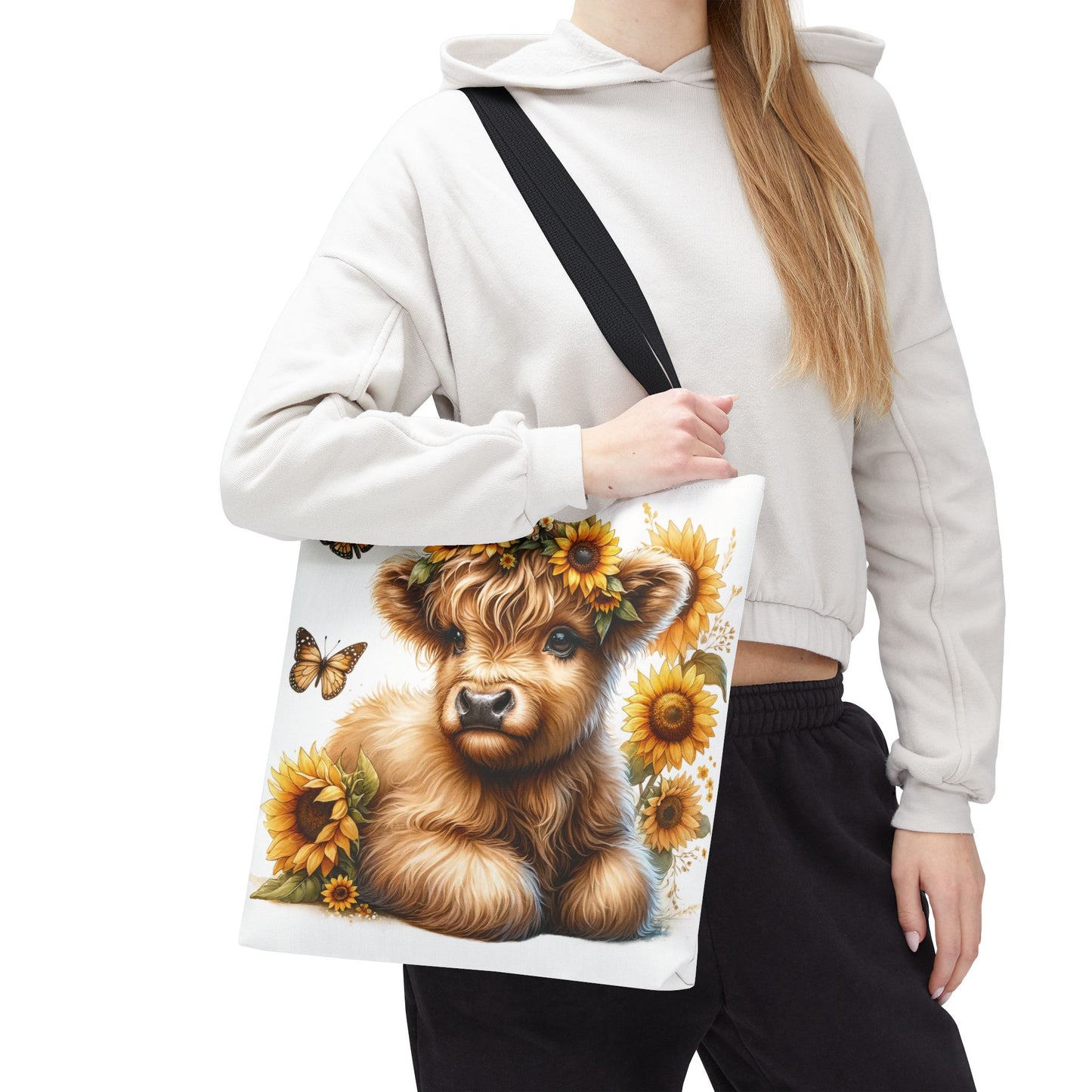 🌻 Sunflower Crown Highland Calf Tote Bag – Country Charm & Butterfly Bliss 🐮👜
