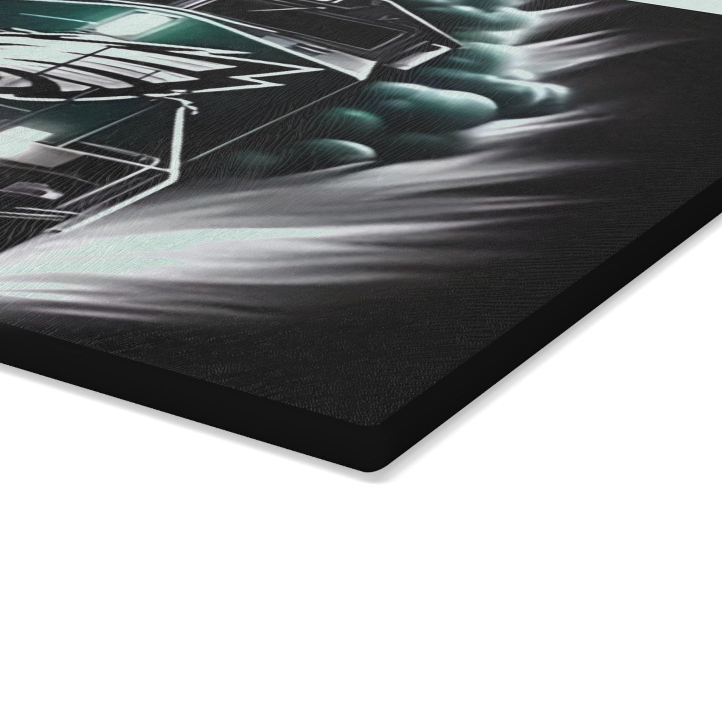 Tabla de cortar de vidrio Express verde oscuro y plateado: arte de tren con un toque atrevido para cocinas atemporales y audaces