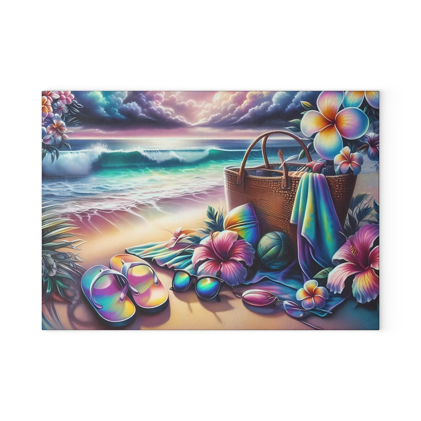 Tabla de cortar de vidrio "Día de Playa Tropical" - Decoración de cocina con ambiente veraniego, decoración costera, arte oceánico, regalo playero, tabla de cortar de vidrio, decoración de cocina tropical, aspecto pintado a mano, escena playera
