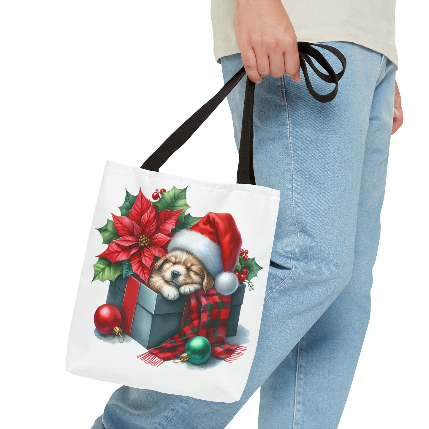 🎁 Sleeping Puppy in Gift Box Christmas Tote – Cozy Holiday Charm for Dog Lovers 🐾