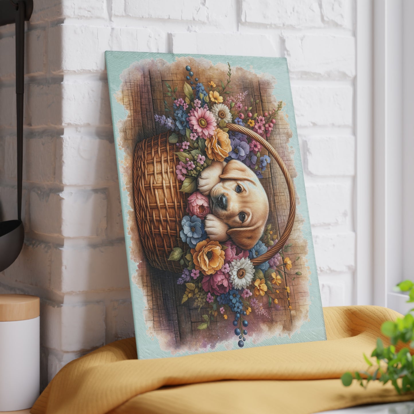🐾🌼 Yellow Labrador Puppy in Basket Cutting Board – Rustic Charm with Floral Elegance 🌸