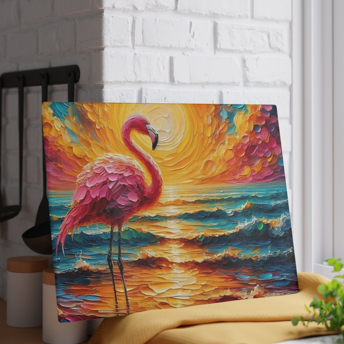 Tabla de cortar - Tabla de cortar de vidrio templado con diseño de flamenco rosa y atardecer en la playa, tabla de charcutería, tabla de cortar, regalo de inauguración de la casa, tabla de cortar personalizada, rústica