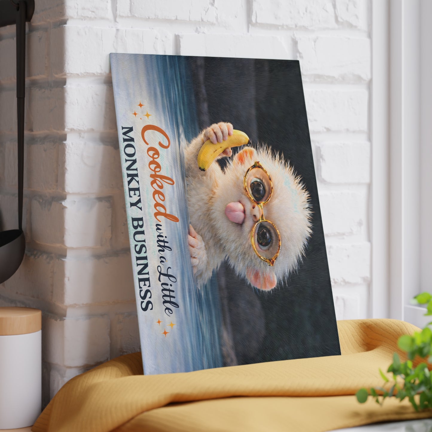 Playful Monkey Glass Cutting Board – “Cooked with a Little Monkey Business” Whimsical Kitchen Decor