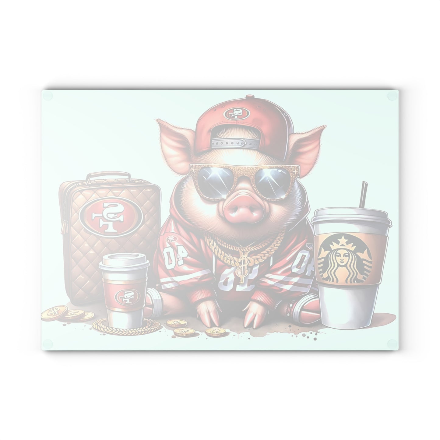 Tabla de cortar de vidrio Red Jersey Glam Pig: arte animal de lujo para una decoración de cocina audaz