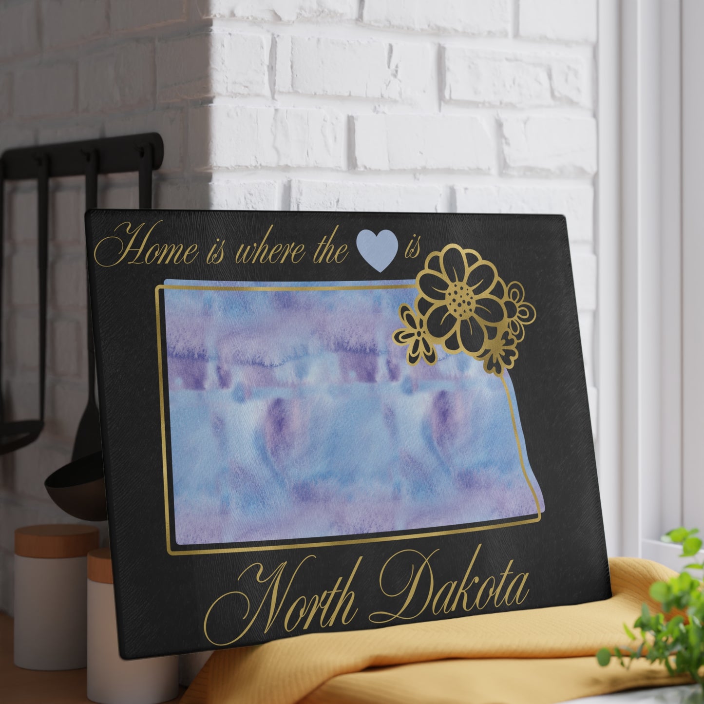 💙 North Dakota State Cutting Board – Soothing Blues with Prairie Heart Charm