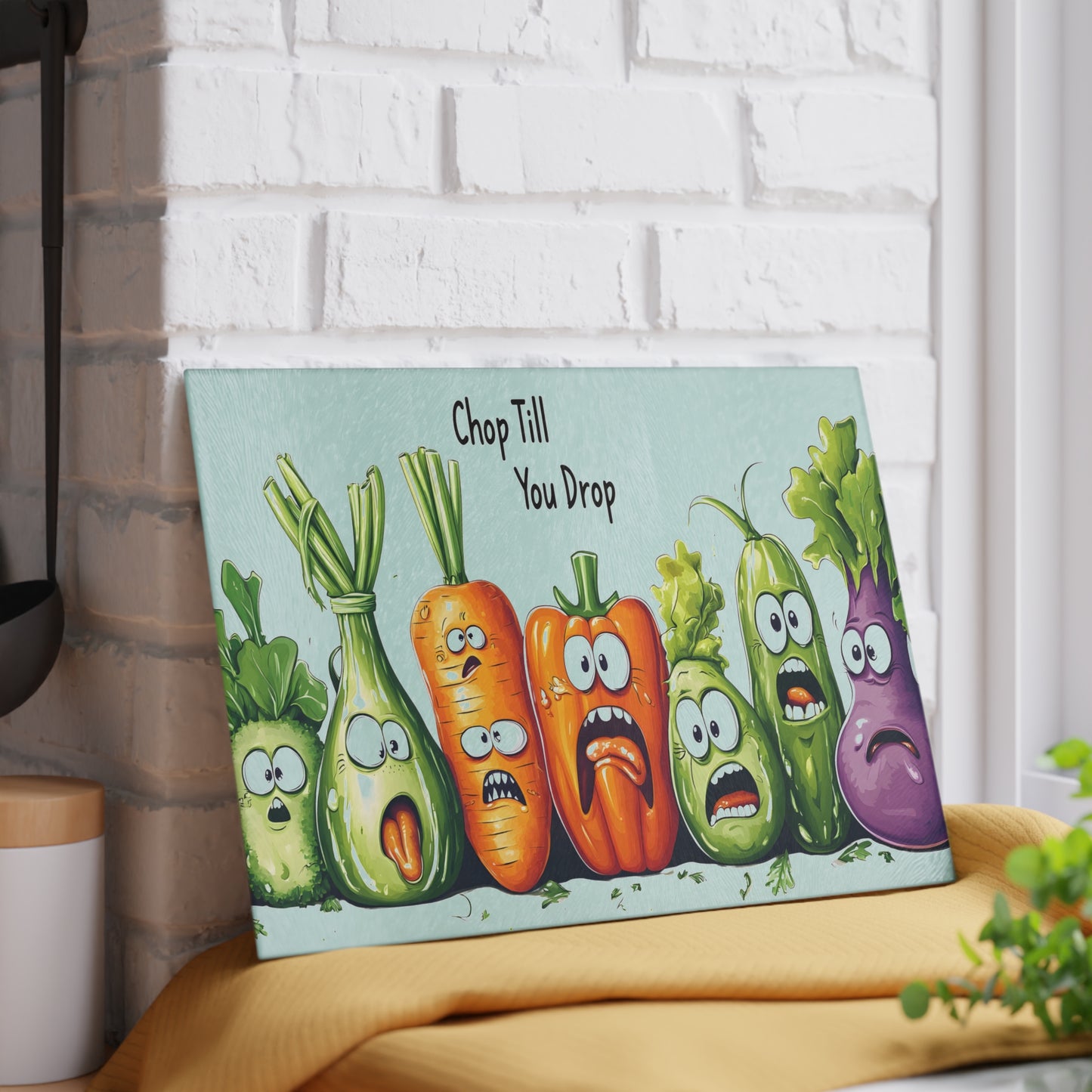 Tabla de cortar de vidrio “Chop Till You Drop” – Verduras que gritan y humor negro de cocina 😱🍅