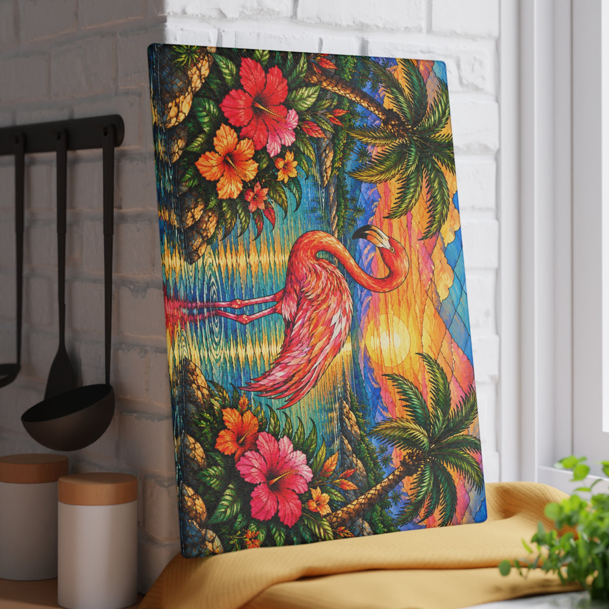 Stained-Glass-Inspired Pink Flamingo Cutting Board – Tropical Sunset, Palm Trees, Colorful Hibiscus Flowers & Coastal Kitchen Décor
