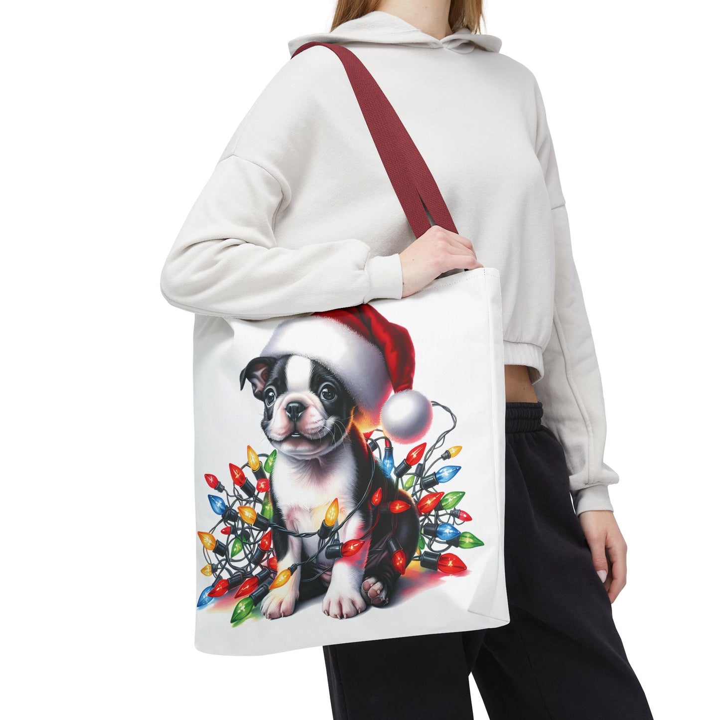 👜 Boston Terrier Christmas Lights Tote Bag – Holiday Sparkle Meets Puppy Love 🎄