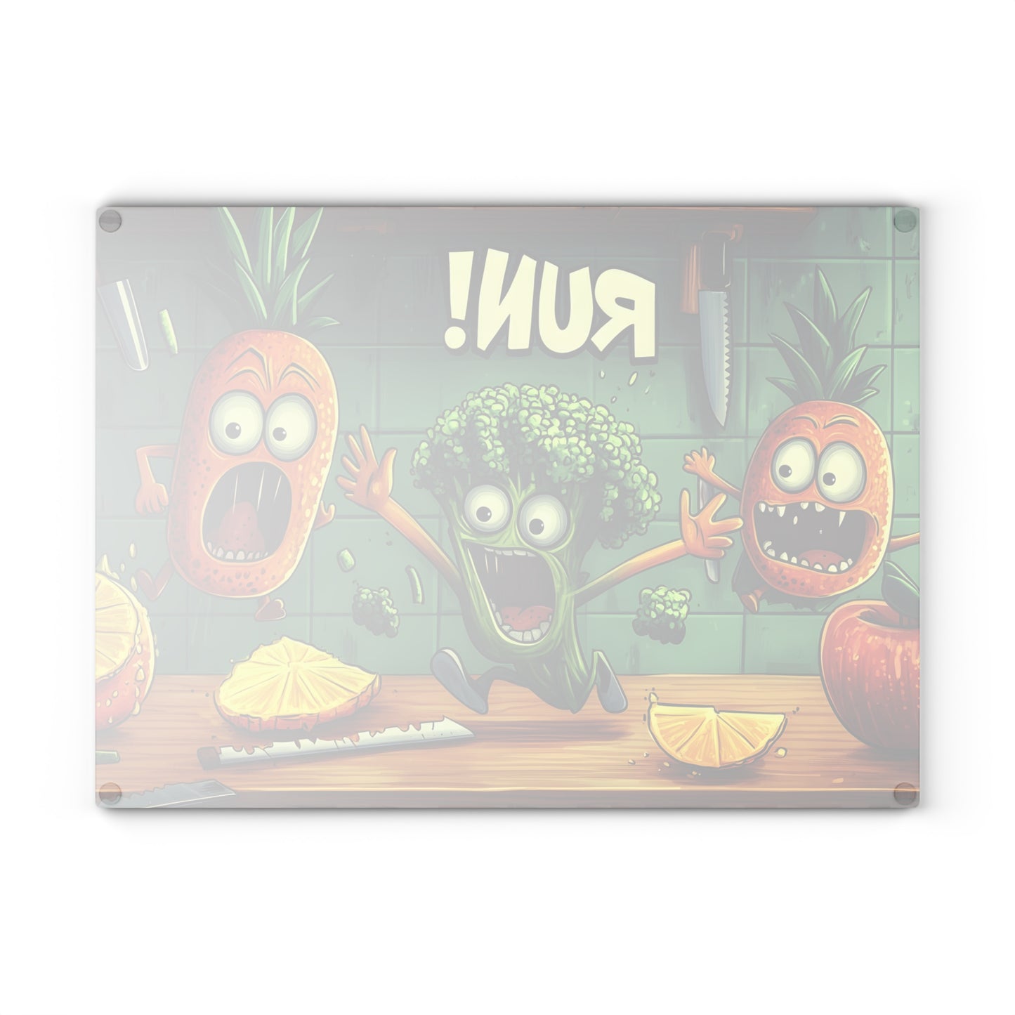 Tabla de cortar de vidrio "¡CORRE!" - Decoración de cocina de humor de Scared Veggies 😱🔪