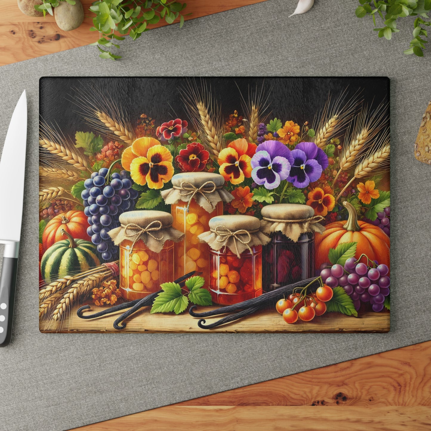 Tabla de cortar para la despensa de la cosecha otoñal: encanto rústico con delicias florales y frutales